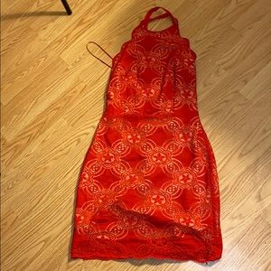 Red and nude mini dress